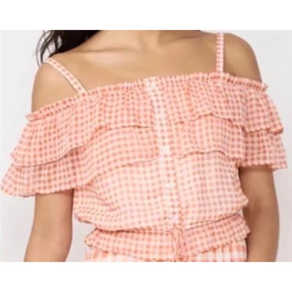 LC Lauren Conrad Peach Gingham Off-Shoulder Ruffle Top